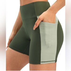 Priessei 5” High Waisted Spandex Shorts In Size M Two Tone Green